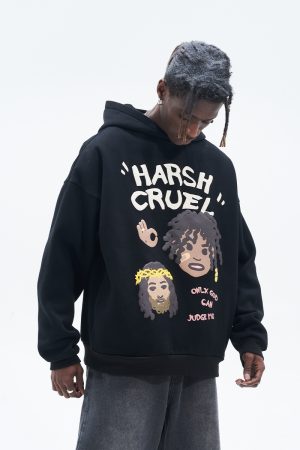 Urban Graffiti Hand-Drawn Braid Pattern Little Black Fleece Hoodie for Street Style Enthusiasts