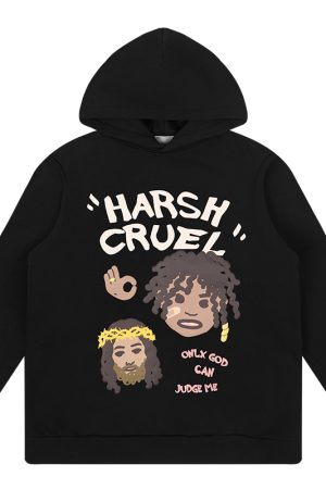 Urban Graffiti Hand-Drawn Braid Pattern Little Black Fleece Hoodie for Street Style Enthusiasts