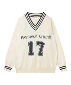 V-neck American Retro Football Sweater - Loose Casual Spring Autumn Jacket for 90s Y2K Style Fashion