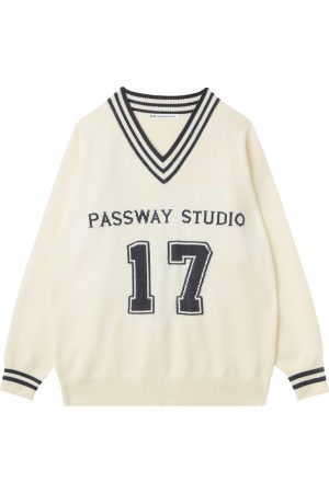 V-neck American Retro Football Sweater - Loose Casual Spring Autumn Jacket for 90s Y2K Style Fashion