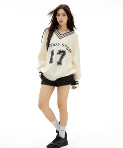 V-neck American Retro Football Sweater - Loose Casual Spring Autumn Jacket for 90s Y2K Style Fashion