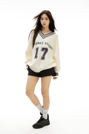 V-neck American Retro Football Sweater - Loose Casual Spring Autumn Jacket for 90s Y2K Style Fashion