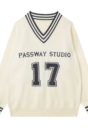 V-neck American Retro Football Sweater - Loose Casual Spring Autumn Jacket for 90s Y2K Style Fashion
