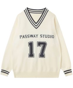 V-neck American Retro Football Sweater - Loose Casual Spring Autumn Jacket for 90s Y2K Style Fashion