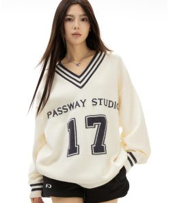 V-neck American Retro Football Sweater - Loose Casual Spring Autumn Jacket for 90s Y2K Style Fashion
