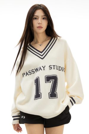 V-neck American Retro Football Sweater - Loose Casual Spring Autumn Jacket for 90s Y2K Style Fashion