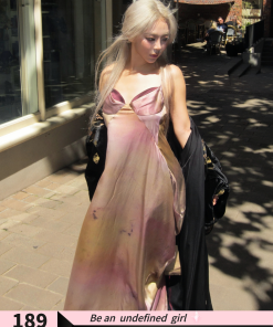 V-Neck Backless Tie-Dye Maxi Dress for Women, Waist-Cinched Spring/Summer Vacation Style, Boho Chic Powdery Goddess Look