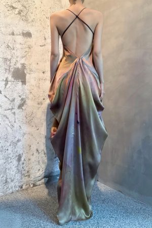 V-Neck Backless Tie-Dye Maxi Dress for Women, Waist-Cinched Spring/Summer Vacation Style, Boho Chic Powdery Goddess Look