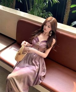 V-Neck Backless Tie-Dye Maxi Dress for Women, Waist-Cinched Spring/Summer Vacation Style, Boho Chic Powdery Goddess Look