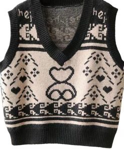V-Neck Big Bear Sleeveless Knit Sweater Vest Top - Versatile Commuter Style for Spring & Autumn, Perfect for 90s and Y2K Fashion