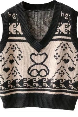 V-Neck Big Bear Sleeveless Knit Sweater Vest Top - Versatile Commuter Style for Spring & Autumn, Perfect for 90s and Y2K Fashion