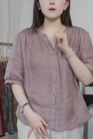 V-Neck Casual Loose Blouse for Women - 2025 Summer Thin Versatile Fashion Shirt, Trendy Stylish Women's Top