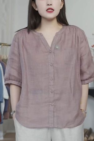 V-Neck Casual Loose Blouse for Women - 2025 Summer Thin Versatile Fashion Shirt, Trendy Stylish Women's Top