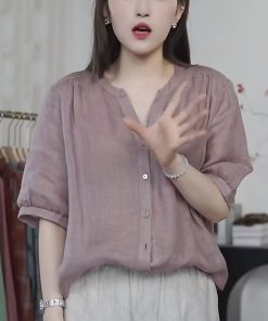 V-Neck Casual Loose Blouse for Women - 2025 Summer Thin Versatile Fashion Shirt, Trendy Stylish Women's Top