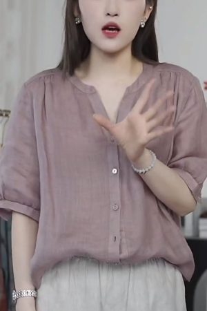 V-Neck Casual Loose Blouse for Women - 2025 Summer Thin Versatile Fashion Shirt, Trendy Stylish Women's Top