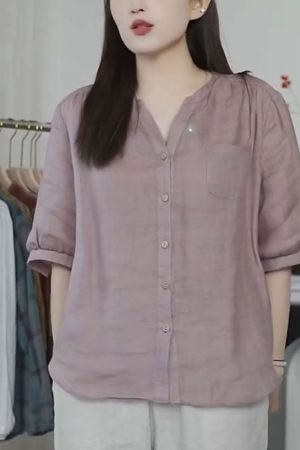 V-Neck Casual Loose Blouse for Women - 2025 Summer Thin Versatile Fashion Shirt, Trendy Stylish Women's Top