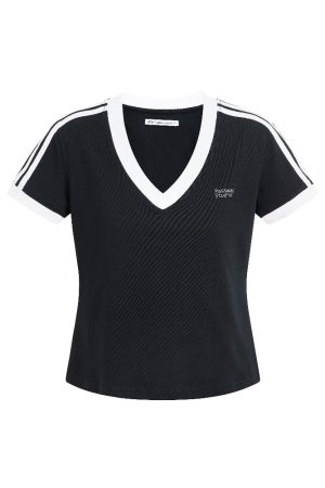 V-Neck Color-Block Striped Short-Sleeve T-Shirt for Men and Women - Summer Casual Slim-Fit Top, 90s Inspired Fashion