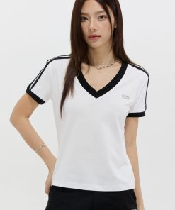 V-Neck Color-Block Striped Short-Sleeve T-Shirt for Men and Women - Summer Casual Slim-Fit Top, 90s Inspired Fashion