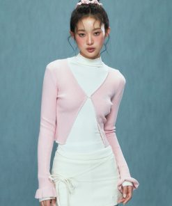 V-neck Knitted Cardigan for Women with Ruffled Sleeves, Slim-Fit Long Sleeve Top, Flattering Korean Style Fashion