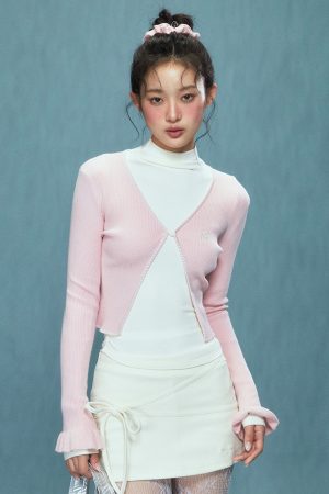 V-neck Knitted Cardigan for Women with Ruffled Sleeves, Slim-Fit Long Sleeve Top, Flattering Korean Style Fashion