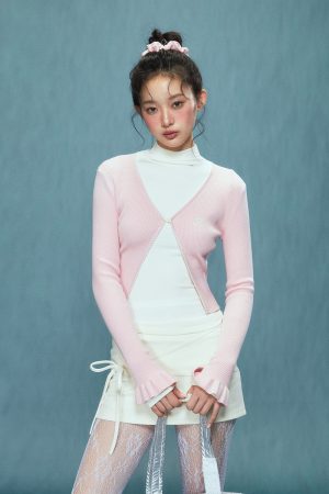 V-neck Knitted Cardigan for Women with Ruffled Sleeves, Slim-Fit Long Sleeve Top, Flattering Korean Style Fashion