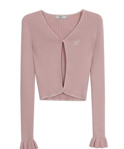 V-neck Knitted Cardigan for Women with Ruffled Sleeves, Slim-Fit Long Sleeve Top, Flattering Korean Style Fashion