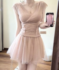 V-Neck Lace Sleeveless Top and Mesh Short Skirt Pants Summer Dress Set for Women, French-Style Sweet Temperament Fashion