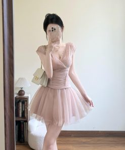 V-Neck Lace Sleeveless Top and Mesh Short Skirt Pants Summer Dress Set for Women, French-Style Sweet Temperament Fashion