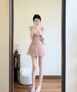 V-Neck Lace Sleeveless Top and Mesh Short Skirt Pants Summer Dress Set for Women, French-Style Sweet Temperament Fashion