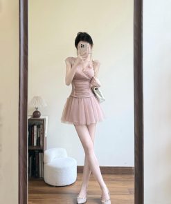 V-Neck Lace Sleeveless Top and Mesh Short Skirt Pants Summer Dress Set for Women, French-Style Sweet Temperament Fashion