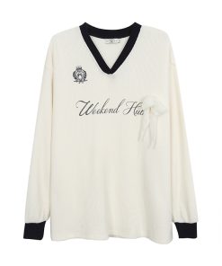 V-Neck Loose Long Sleeve T-Shirt for Women - Casual College Style Top, Spring 2025, Trendy Everyday Wear