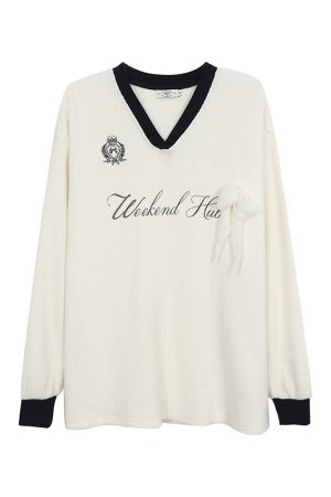 V-Neck Loose Long Sleeve T-Shirt for Women - Casual College Style Top, Spring 2025, Trendy Everyday Wear