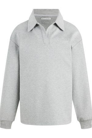 V-Neck Pullover Sweatshirt with Polo Collar - Casual Loose Fit Long Sleeve for Spring & Autumn - Effortless Style for Everyday Wear