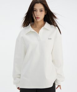 V-Neck Pullover Sweatshirt with Polo Collar - Casual Loose Fit Long Sleeve for Spring & Autumn - Effortless Style for Everyday Wear