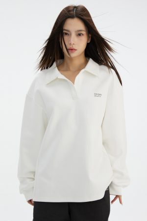 V-Neck Pullover Sweatshirt with Polo Collar - Casual Loose Fit Long Sleeve for Spring & Autumn - Effortless Style for Everyday Wear
