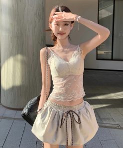 V-Neck Ribbed Cable-Knit Top with Drawstring and Puff Skirt Set - Chic Commuting Style, Perfect for 90s and Y2K Fashion Trends