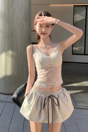 V-Neck Ribbed Cable-Knit Top with Drawstring and Puff Skirt Set - Chic Commuting Style, Perfect for 90s and Y2K Fashion Trends