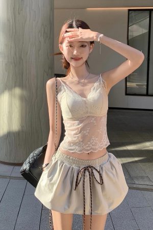 V-Neck Ribbed Cable-Knit Top with Drawstring and Puff Skirt Set - Chic Commuting Style, Perfect for 90s and Y2K Fashion Trends