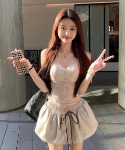 V-Neck Ribbed Cable-Knit Top with Drawstring and Puff Skirt Set - Chic Commuting Style, Perfect for 90s and Y2K Fashion Trends