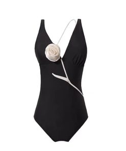 V-Neck Rose Floral Vintage Slim-Fit One-Piece Swimsuit for Women - Sexy Beach Vacation Style, Perfect for Small Busts, Hot Spring Look