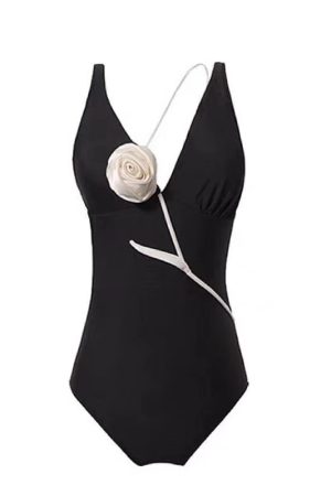 V-Neck Rose Floral Vintage Slim-Fit One-Piece Swimsuit for Women - Sexy Beach Vacation Style, Perfect for Small Busts, Hot Spring Look