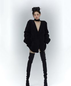 V-Neck Short Jacket for Women, Elegant Spring Style, Thick Black Long Sleeve Loose Top with Scarf, Sweet 90s Inspired Fashion