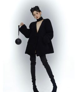V-Neck Short Jacket for Women, Elegant Spring Style, Thick Black Long Sleeve Loose Top with Scarf, Sweet 90s Inspired Fashion