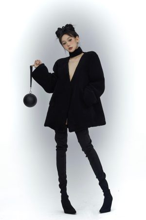 V-Neck Short Jacket for Women, Elegant Spring Style, Thick Black Long Sleeve Loose Top with Scarf, Sweet 90s Inspired Fashion