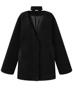 V-Neck Short Jacket for Women, Elegant Spring Style, Thick Black Long Sleeve Loose Top with Scarf, Sweet 90s Inspired Fashion