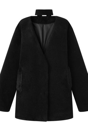 V-Neck Short Jacket for Women, Elegant Spring Style, Thick Black Long Sleeve Loose Top with Scarf, Sweet 90s Inspired Fashion