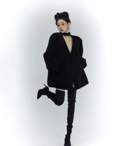 V-Neck Short Jacket for Women, Elegant Spring Style, Thick Black Long Sleeve Loose Top with Scarf, Sweet 90s Inspired Fashion