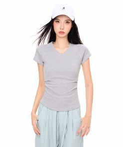 V-Neck Short Sleeve Cropped T-Shirt for Women, Sexy American Style Summer Top, Tight-Fitting Base Layer, Y2K Fashion 2025