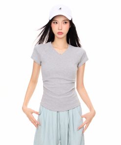 V-Neck Short Sleeve Cropped T-Shirt for Women, Sexy American Style Summer Top, Tight-Fitting Base Layer, Y2K Fashion 2025
