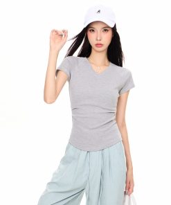 V-Neck Short Sleeve Cropped T-Shirt for Women, Sexy American Style Summer Top, Tight-Fitting Base Layer, Y2K Fashion 2025